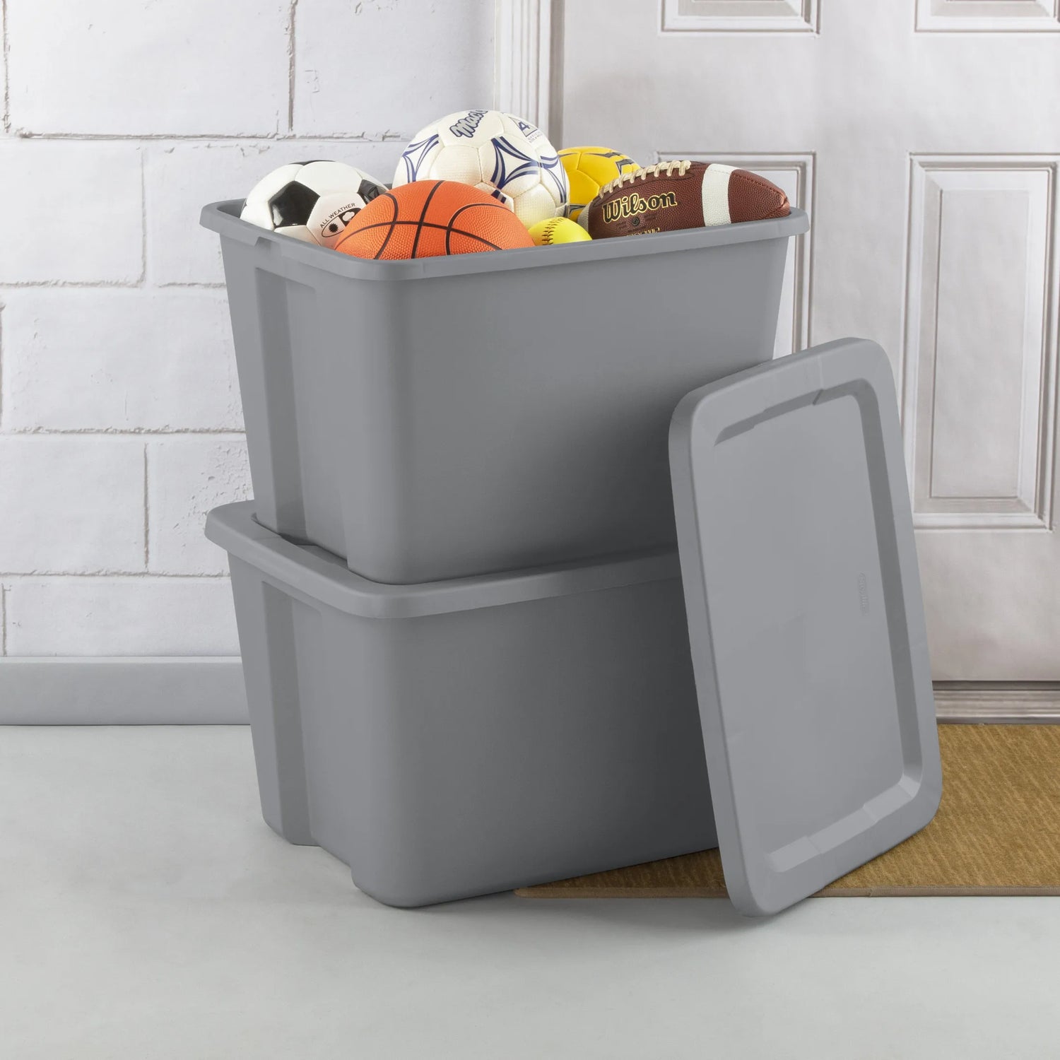 Large Storage Bin, 18 Gallon Plastic Storage Container with Snap-On Lid, Gray, 8 Count
