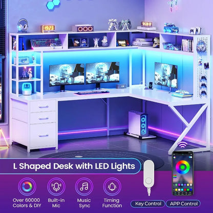 Corner Computer Desk Convertible 94.5 Gaming Desk with Storage Drawers Hutch and Pegboard L Shaped Office Desk with Power Outle