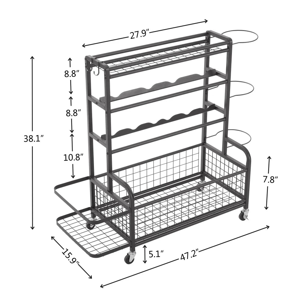4-Tier Metal Storage Organizer Rolling Wheels for Basketball Sports Equipment Organizer for Yoga Mat Larger Ball Storage Rack