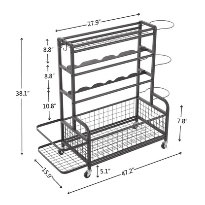 4-Tier Metal Storage Organizer Rolling Wheels for Basketball Sports Equipment Organizer for Yoga Mat Larger Ball Storage Rack