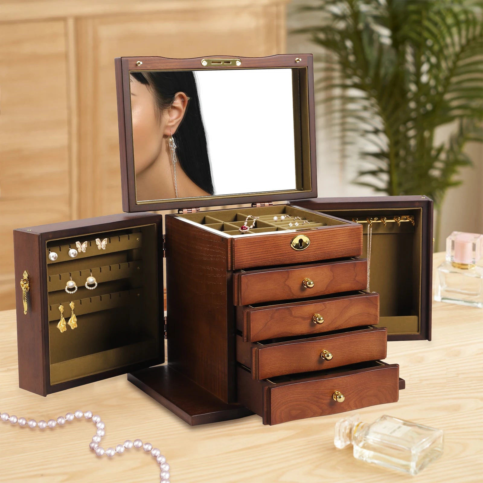 Wooden Jewelry Box Organizer Storage Luxury Multi Functional Jewelry Box with Lock Retro Drawer Style Display Packaging Supplies