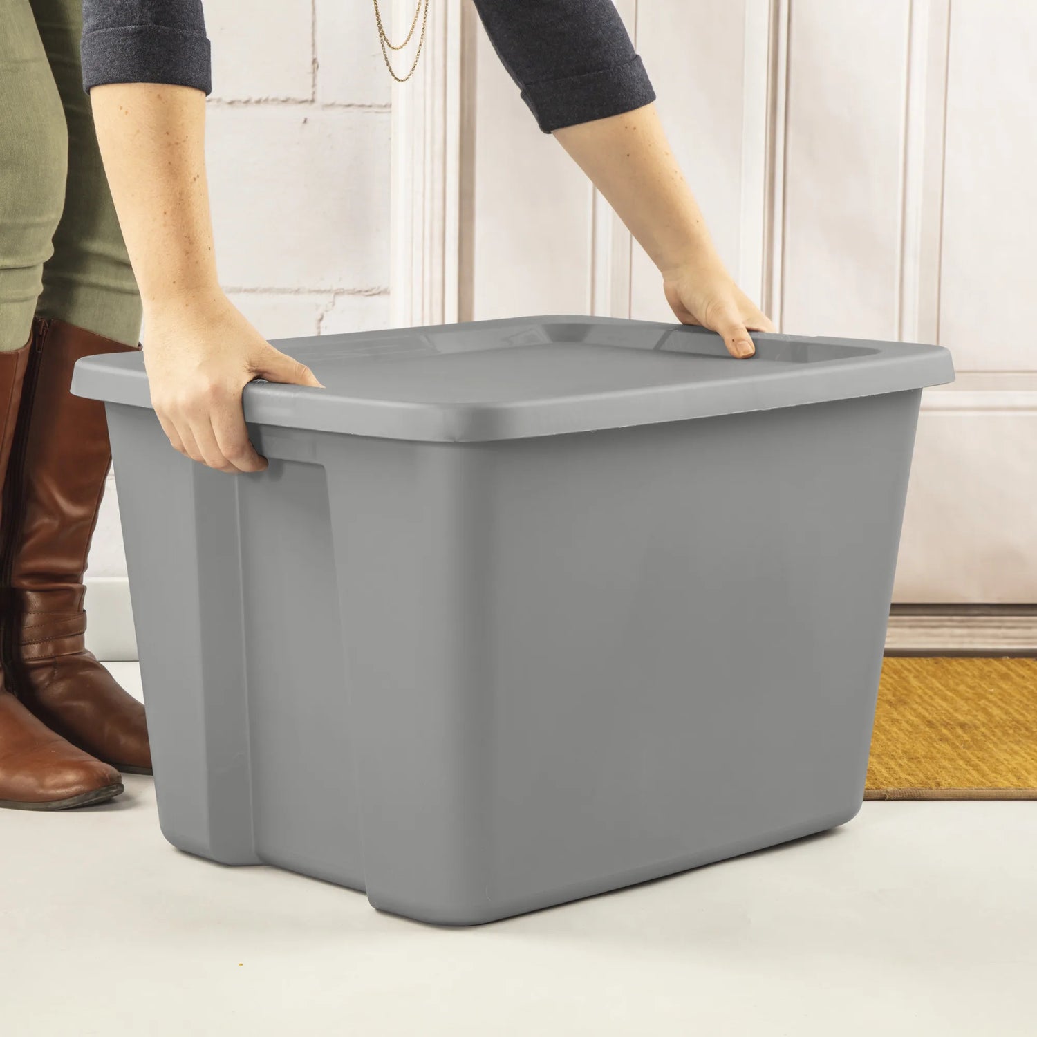 Large Storage Bin, 18 Gallon Plastic Storage Container with Snap-On Lid, Gray, 8 Count