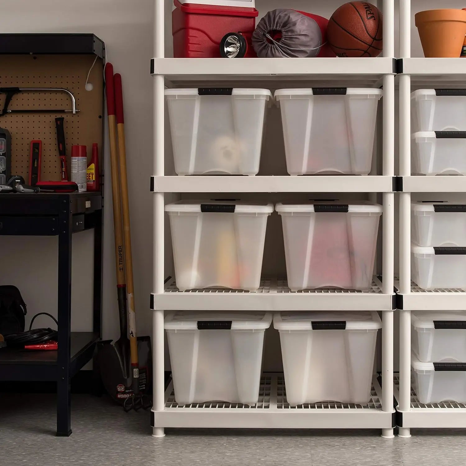 Stackable Plastic Storage Bins with Lids, Latches, Durable Nestable Containers, Secure Pull Handle - Pearl