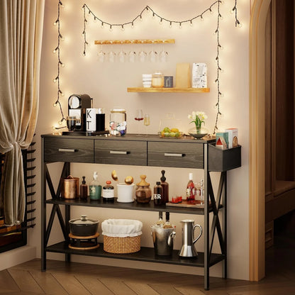 47" Console Table with 3 Drawers, Industrial Entryway Table with 3 Tier Storage Shelves, Narrow Long Sofa Table for Entry Way