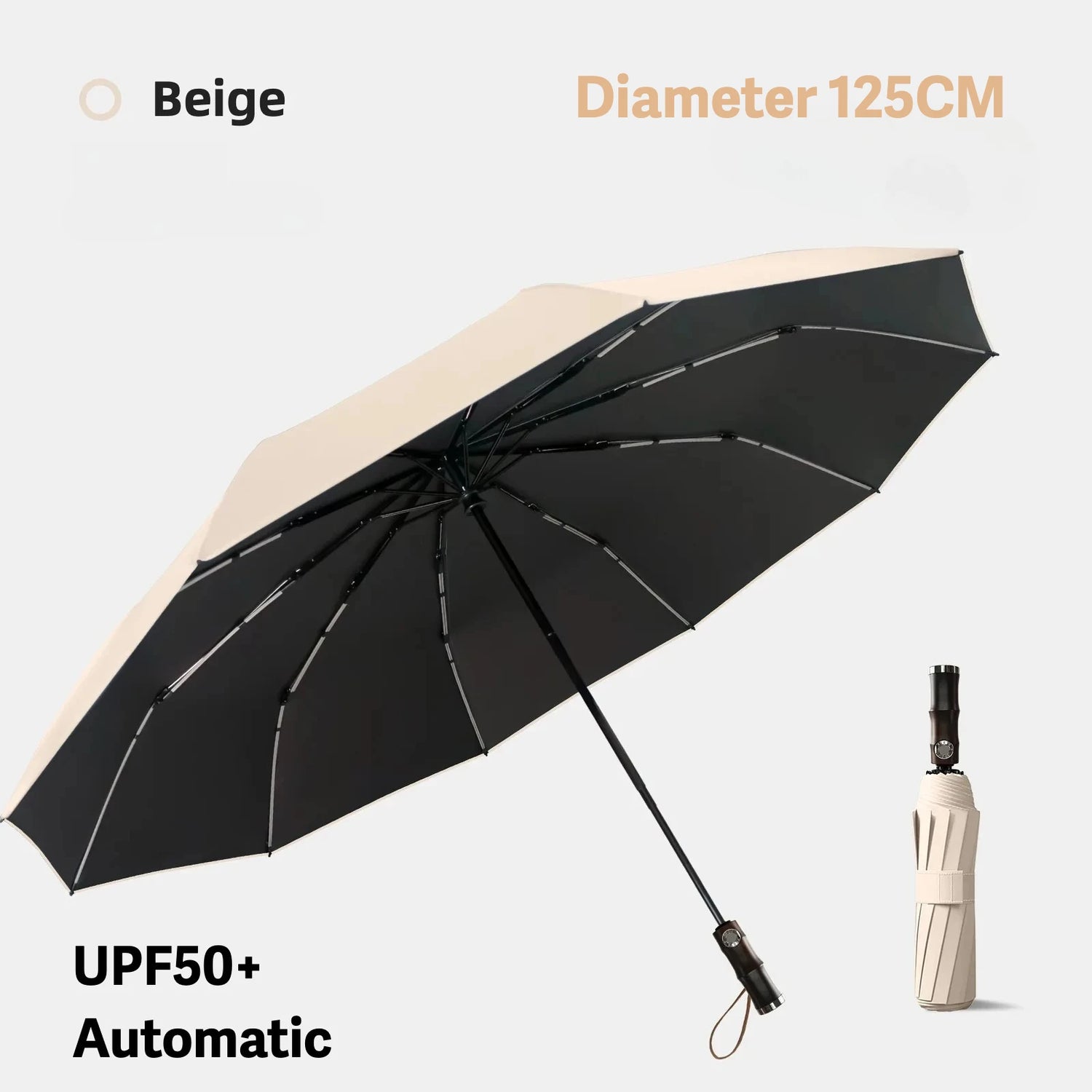 Windproof Automatic Folding Umbrella, 125CM Diameter Large Rain Umbrella, Sun UV UPF50+ Protection Umbrellas for Man and Women