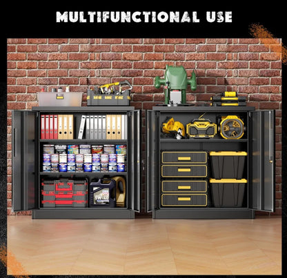 36" Metal Storage Cabinet with Wheels, Lockable Rolling Metal Garage Cabinets with 2 Doors and 4 Adjustable Shelves, Rolling To