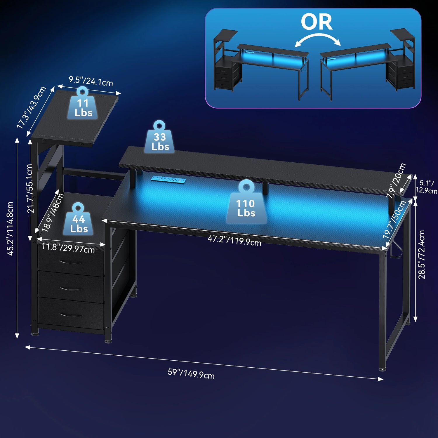 JHK 52In to 59In Gaming Desk with 3 Storage Drawers Wood Office Computer Desks with LED Lights Power Outlets for Office Bedroom