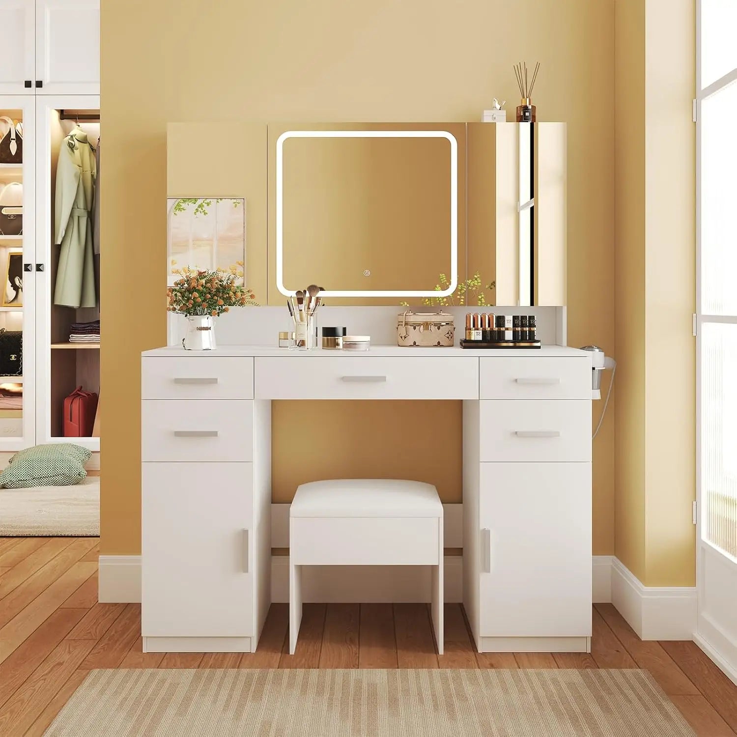 Vanity Desk with Mirror and Lights, Vanity Tables with 9 Drawers, Makeup Vanity with Tri-Folding 3 Colors Lighting, Customized