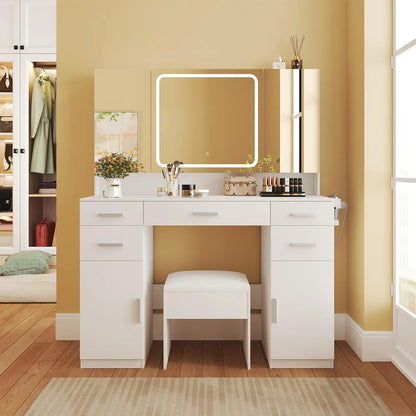 Vanity Desk with Mirror and Lights, Vanity Tables with 9 Drawers, Makeup Vanity with Tri-Folding 3 Colors Lighting, Customized