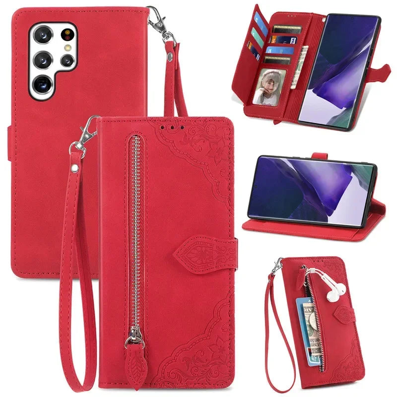 Lanyard Zipper Flip Wallet Card Cover For Samsung Galaxy S25 Edge S24 Ultra S23 Plus S22 S21 FE A17 Magnetic Leather Phone Case