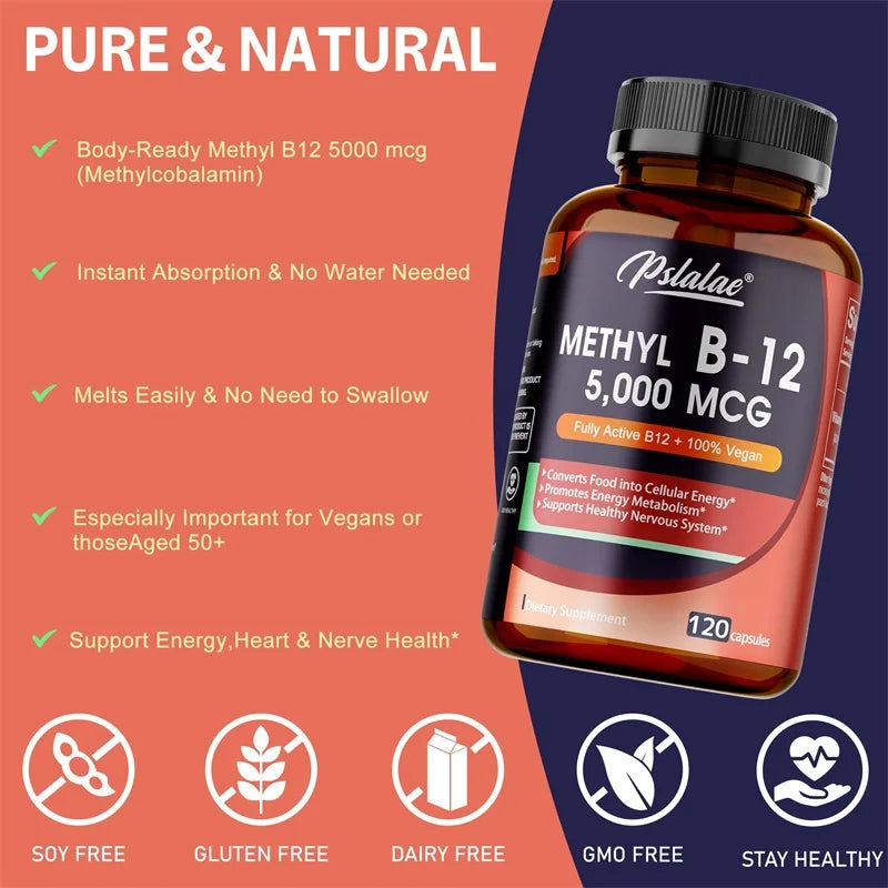 Vitamin B12 - 5000 MCG Supplement -Benefits Brain &amp; Heart Function, Supports Memory, Learning, Helps Boost Natural Energy