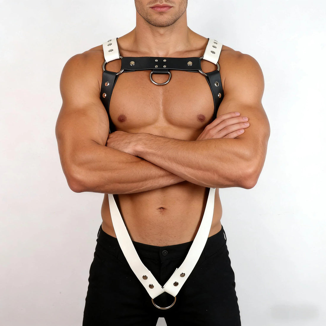 Men Chest Harness Belt Black and White Punk Body Harness Belt, Buckle Clothes Outfits Shoulder Straps Nightclub Cosplay Clubwear