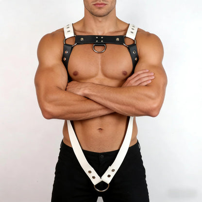Men Chest Harness Belt Black and White Punk Body Harness Belt, Buckle Clothes Outfits Shoulder Straps Nightclub Cosplay Clubwear