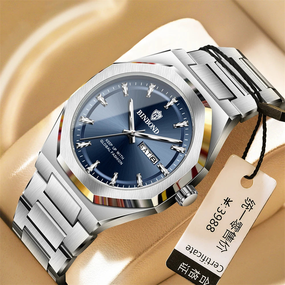 BINBOND Luxury Quartz Man Wristwatch Sport Men Watches Waterproof Luminous Date Week Stainless Steel Men&