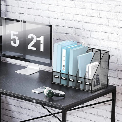 Metal Desk Magazine File Holder with 5 Vertical Compartments Rack File Organizer for Office Desktop, Home Workspace, Black