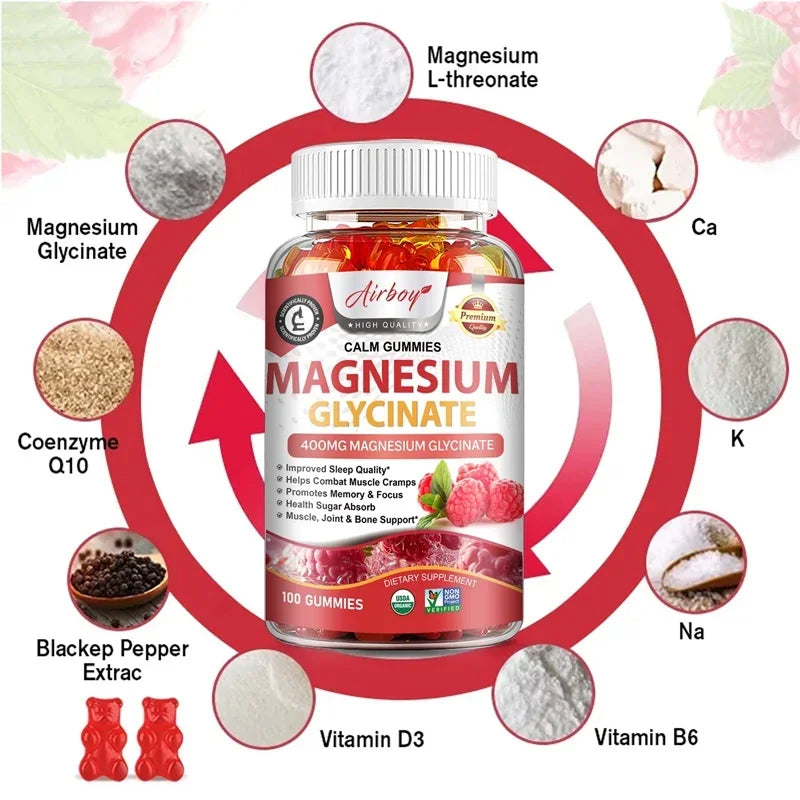 Magnesium Glycinate Gummies - Calm, Relieves Stress, Promotes Sleep, Support Memory, Concentration &amp; Muscle Spasms - 120pcs