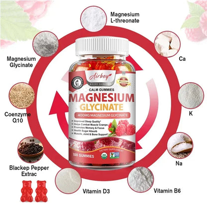 Magnesium Glycinate Gummies - Calm, Relieves Stress, Promotes Sleep, Support Memory, Concentration &amp; Muscle Spasms - 120pcs
