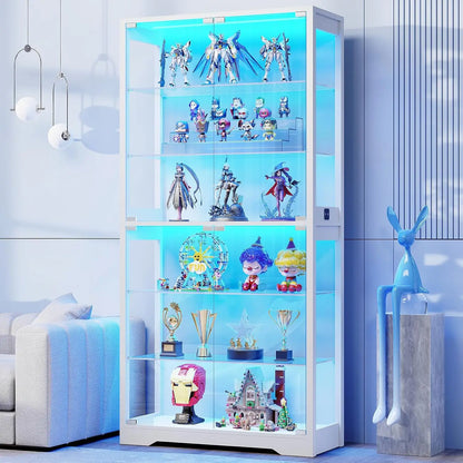 Display Cabinet with Glass Door, 6-Tier 71" Curio Cabinet with 3 Color Lights for Collectibles, Display Case with Adjustable Gla