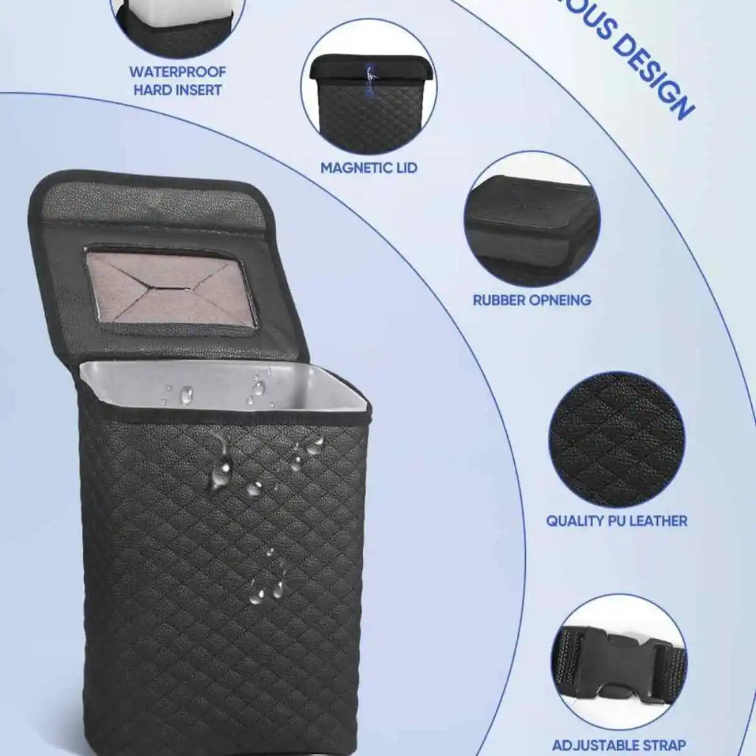Car Trash Can with Lid - Leakproof PU Leather Auto Garbage Bin, Removable Waterproof Liner, Hanging Car Trash Can for SUV, Truck