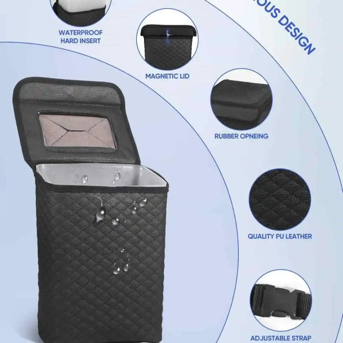 Car Trash Can with Lid - Leakproof PU Leather Auto Garbage Bin, Removable Waterproof Liner, Hanging Car Trash Can for SUV, Truck