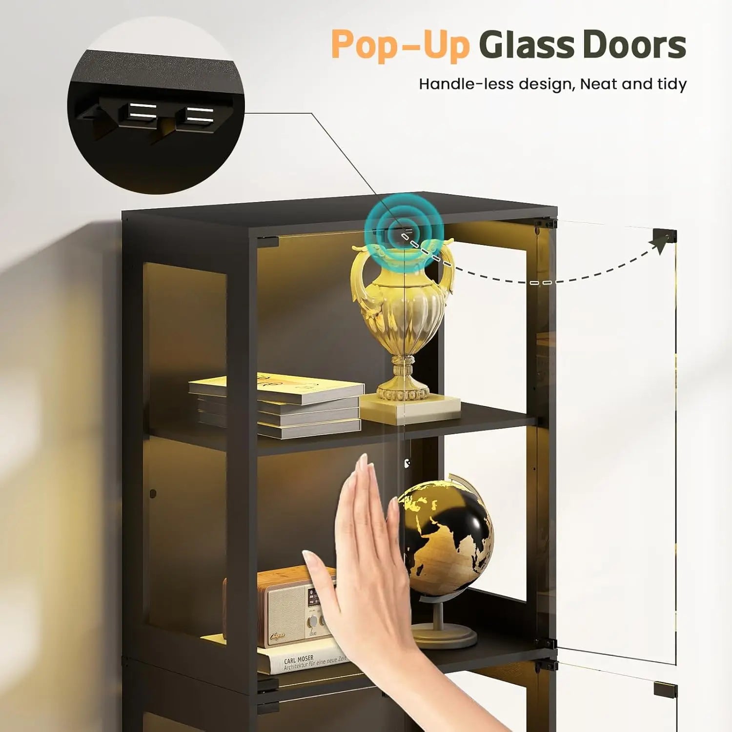 Display Cabinet with Glass Doors - 67" Curio Cabinet with RGB LED Lights and Drawer for Collectibles, 4 Tier Glass, Customized