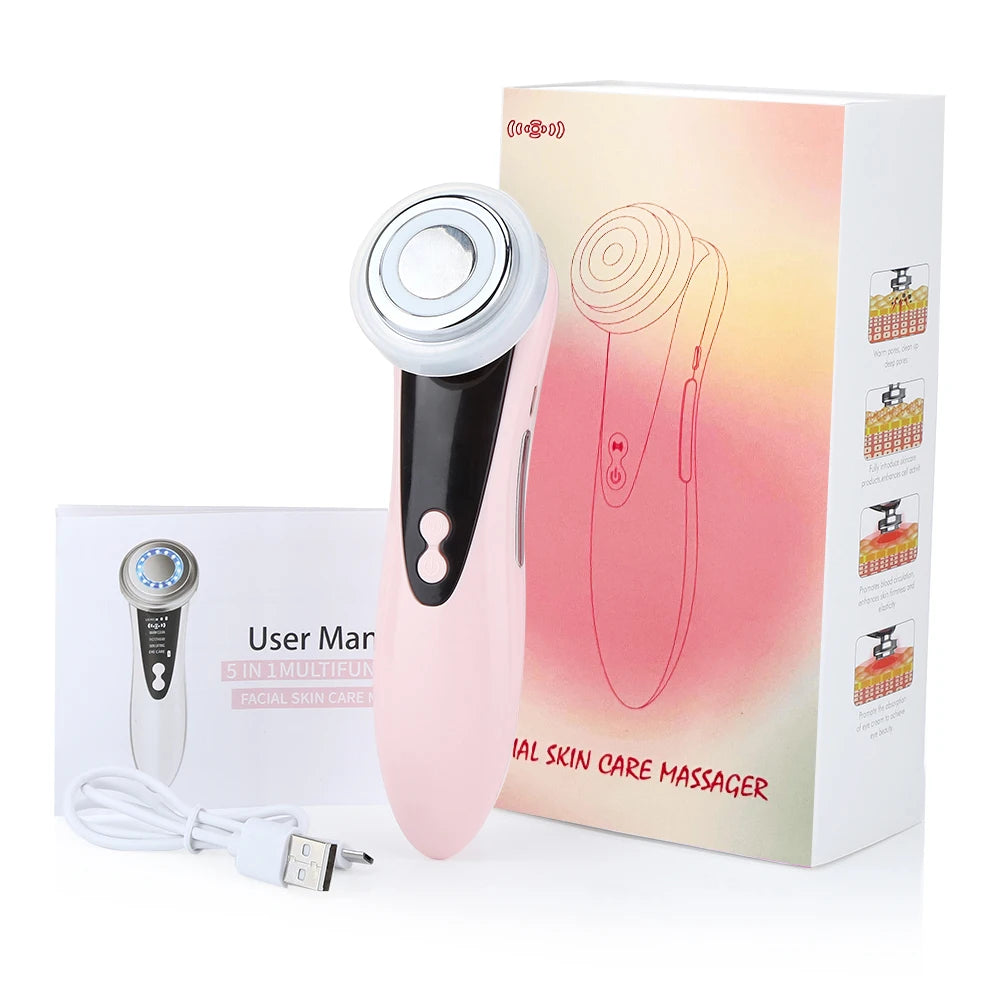 7 in 1 EMS Facial Massager Face Beauty Instrument with Induced Vibration and Hot Compress Face Skin Care Tool LED Light Therapy