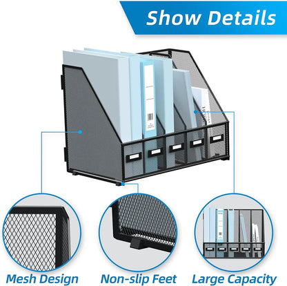 Metal Desk Magazine File Holder with 5 Vertical Compartments Rack File Organizer for Office Desktop, Home Workspace, Black
