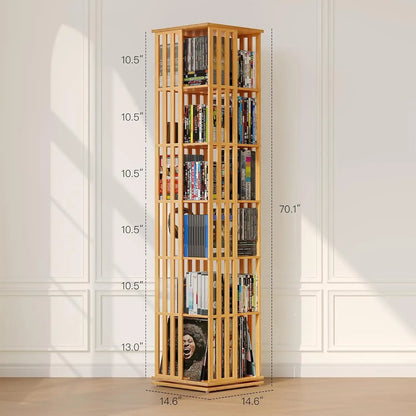 360° Rotating Bamboo CD/DVD Shelf - 6-Tier Space-Saving Media Storage Cabinet for Movies, Organizer with Super Compact Design