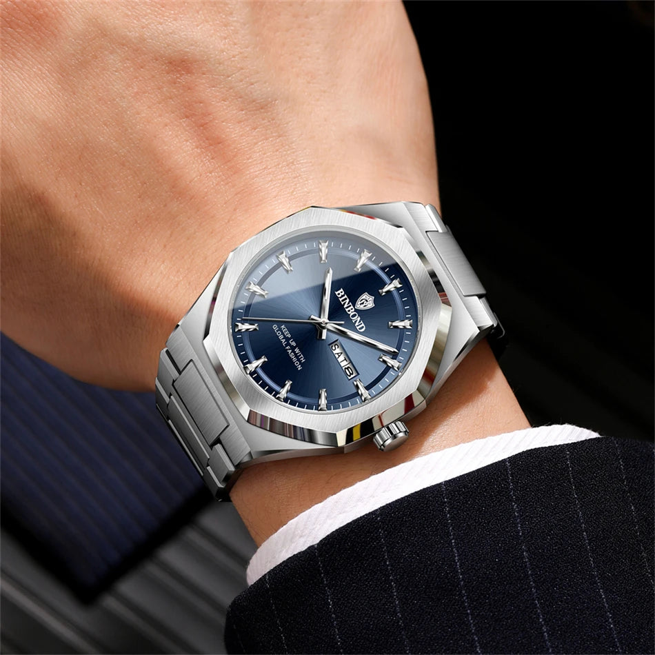 BINBOND Luxury Quartz Man Wristwatch Sport Men Watches Waterproof Luminous Date Week Stainless Steel Men&