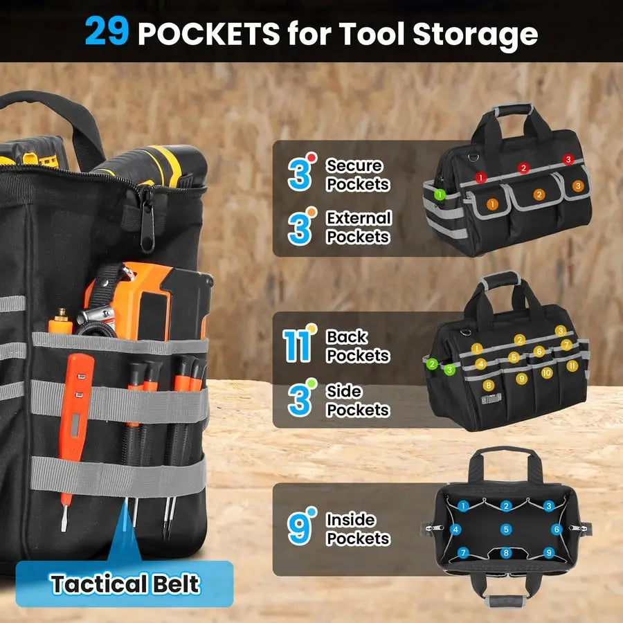 Duty Tool Bag, 17 Inch Tool Bags for Men with MultiPockets, Waterproof Tool Box Organizer Storage Bag with Adjustable Shoulder S
