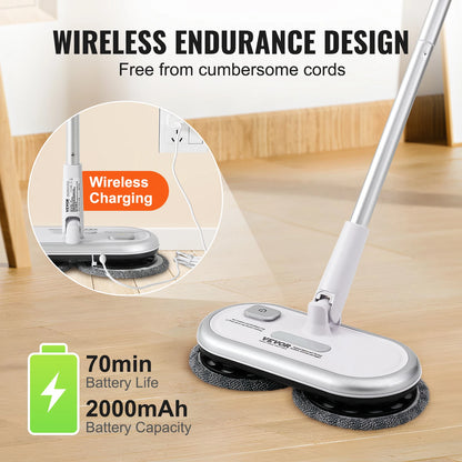 VEVOR Cordless Electric Mop Up to 40/70 mins Battery Electric Spin Mop with Dual Mop Heads for Hardwood/Tile Floor Cleaning