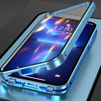 360°Full Protected Metal Magnetic Double-Sided Glass Snap Lock Phone Case For iPhone 16 Pro Max 14 13 12 15 Pro Max Bumper Cover