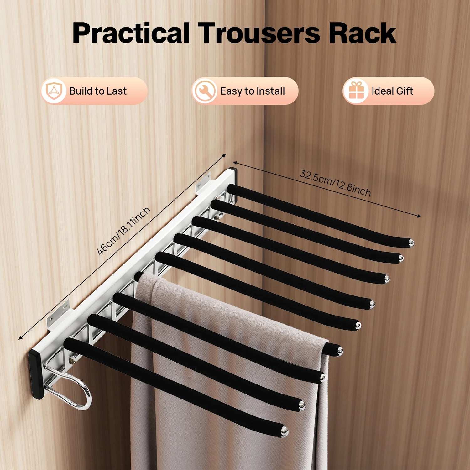 9-Rod Side Mounted Trouser Hanger, 35 lbs Pull Out Trousers Rack, Sliding Pants Rack W/ Flocked Bars for Pants, Ties