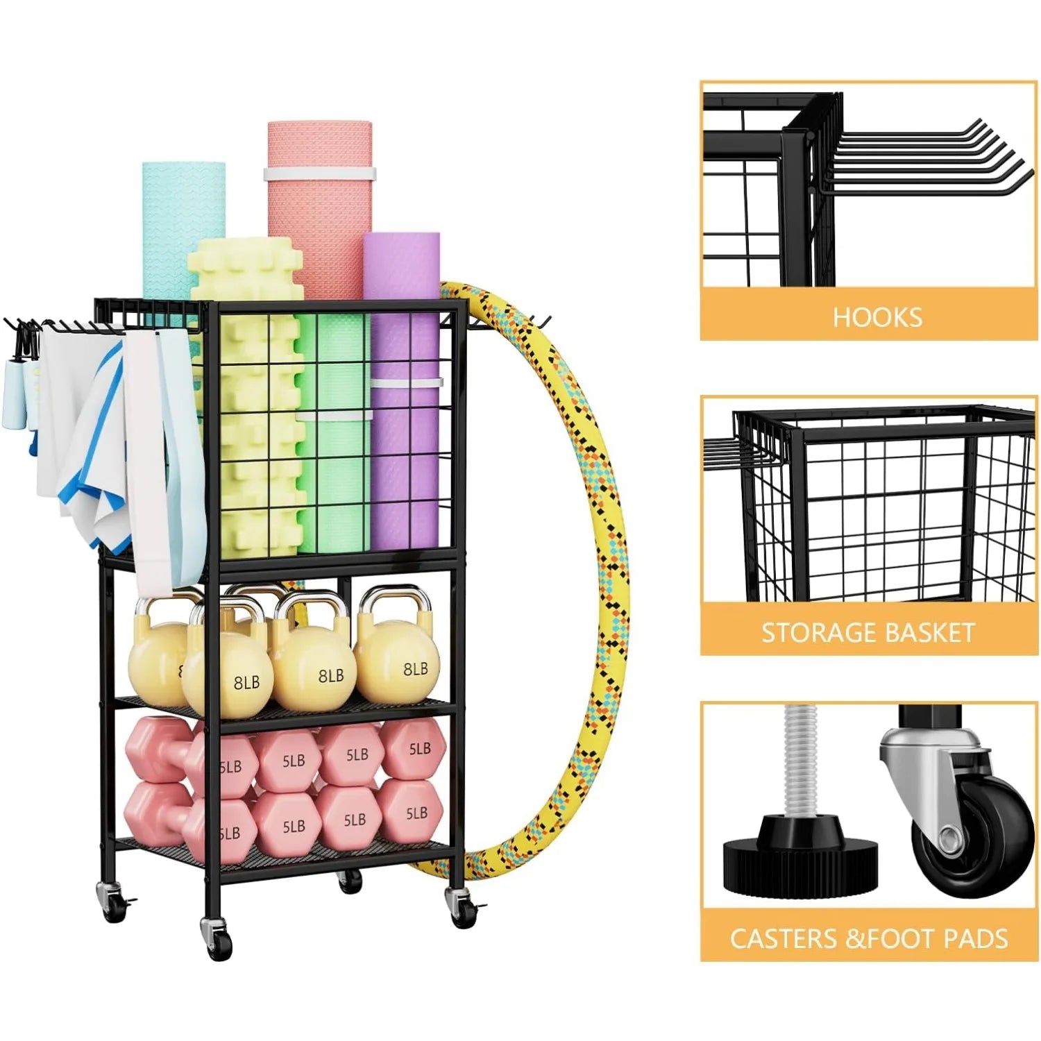 Home Gym Weight Rack with Storage Hooks - Organizer for Dumbbells, Resistance Bands &amp; Yoga Mat