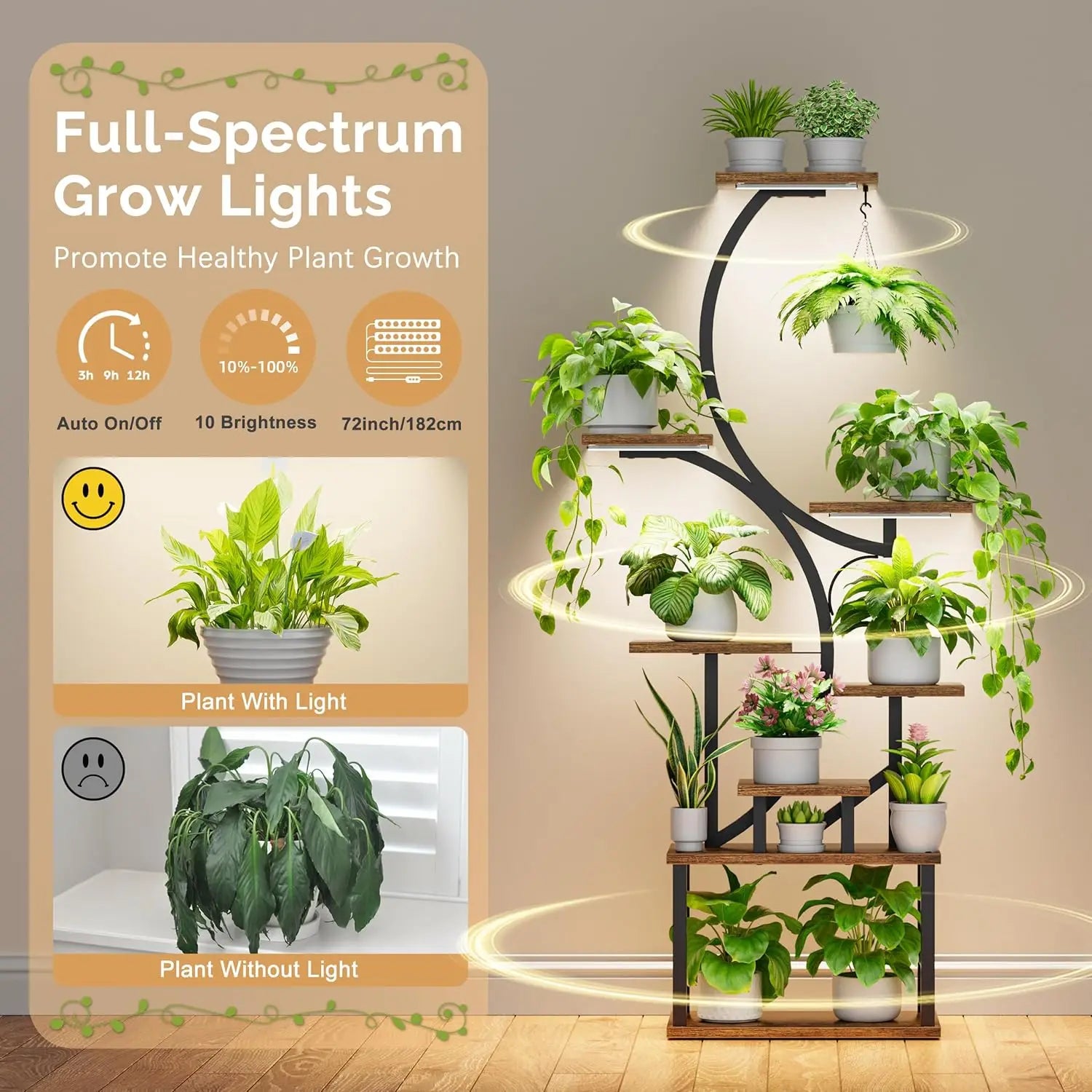 Plant Stands for Indoor Growing, 8 Tiered Large Flower Holder, S-Shaped Decorative Rack for Living Room, Patent Design, Brown