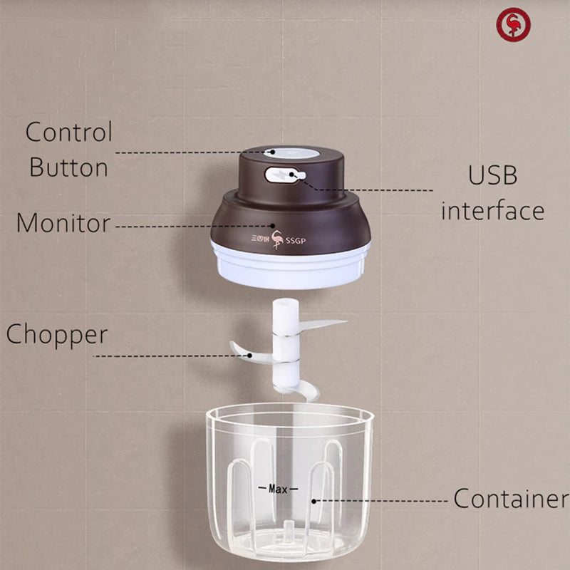 Rechargeable Portable LFGB Certificated PP Container 430 Stainless Steel Blade Garlic Masher Vegetable Chopper Fruit Crusher