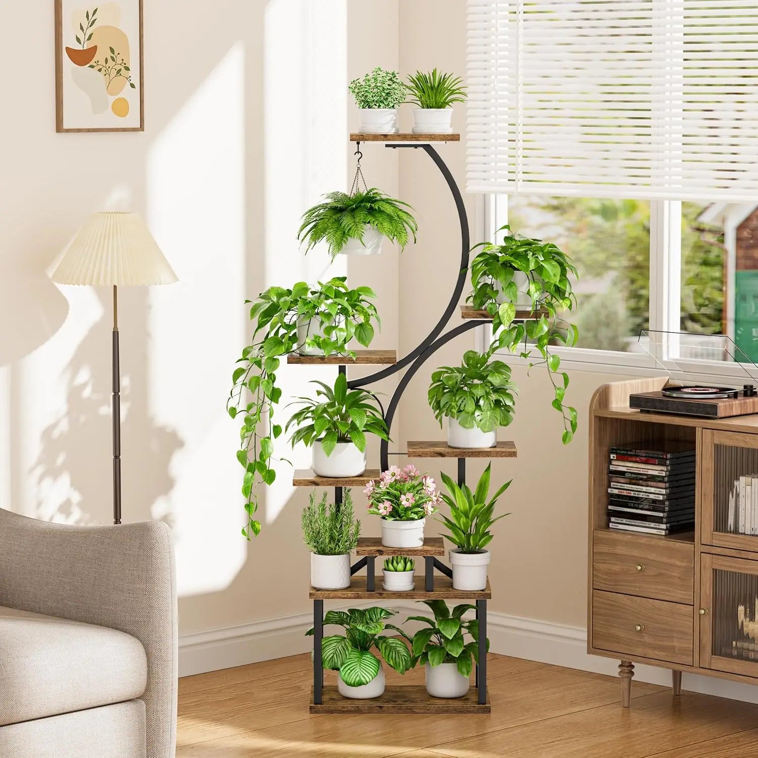 Plant Stands for Indoor Growing, 8 Tiered Large Flower Holder, S-Shaped Decorative Rack for Living Room, Patent Design, Brown
