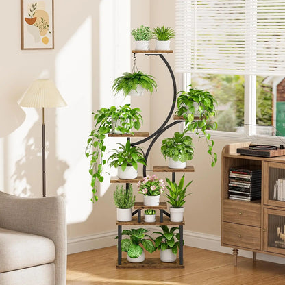 Plant Stands for Indoor Growing, 8 Tiered Large Flower Holder, S-Shaped Decorative Rack for Living Room, Patent Design, Brown