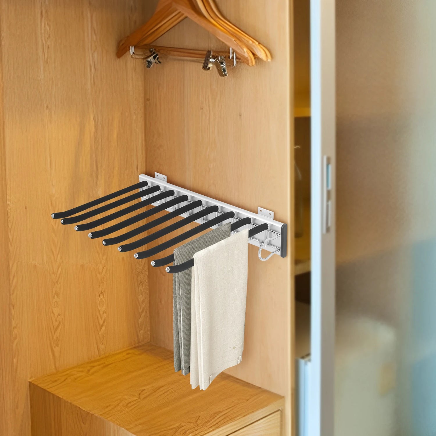 Bymaocar 46*32.5cm Pull Out Trousers Rack, Sliding Pants Rack, 9-rod Side Mounted Trouser Hanger