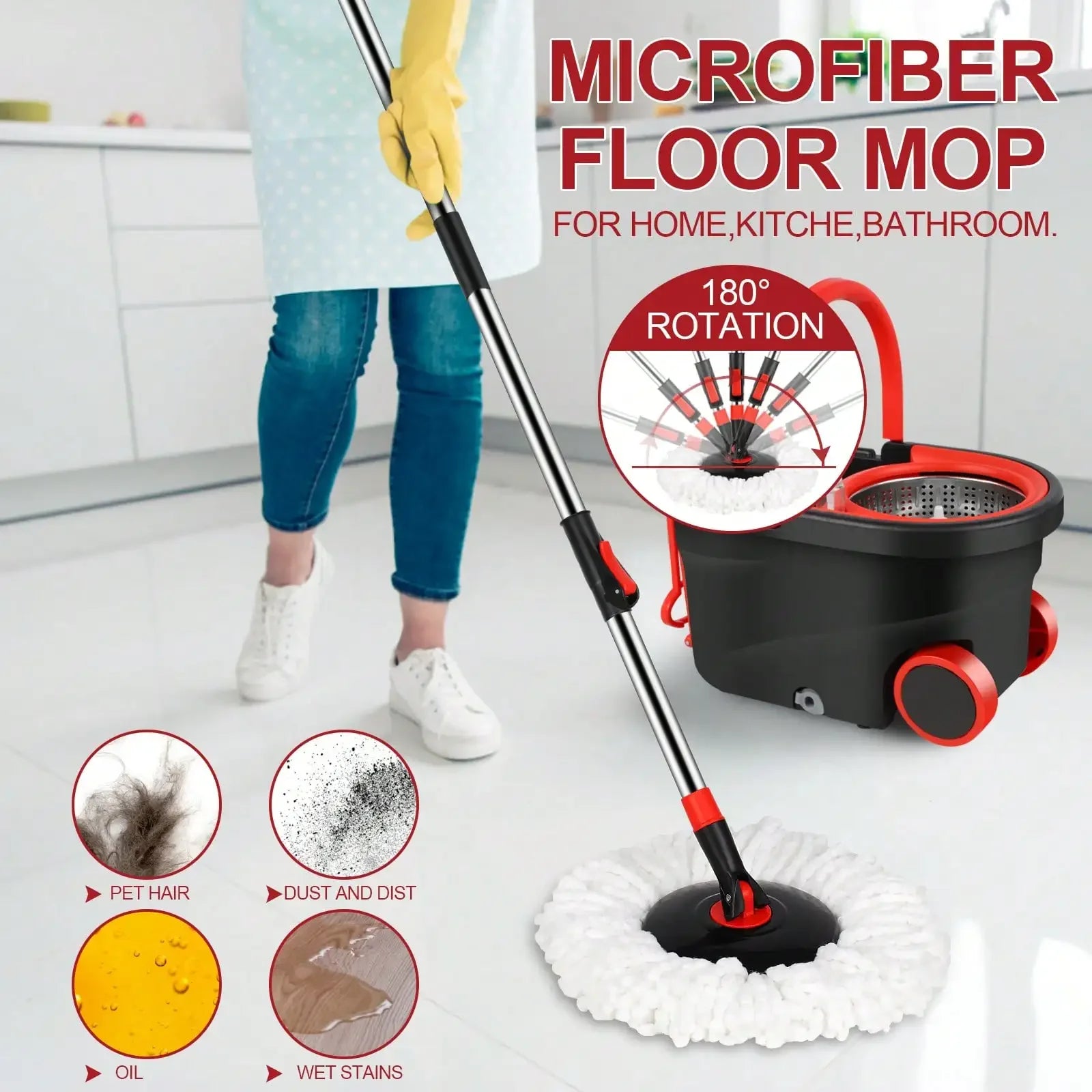 Heavy Duty Rolling Spin Mop Bucket Set with Wringer, 3 Microfiber Mop Heads, Adjustable Handle for Home Floor Cleaning”