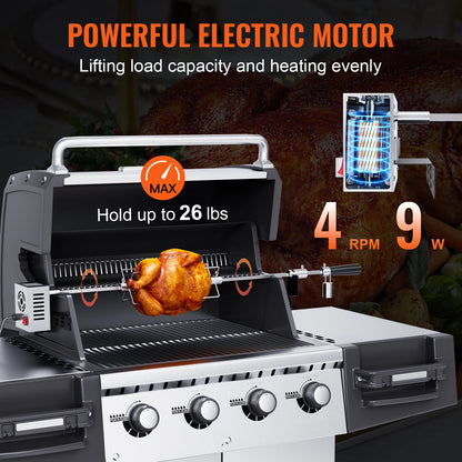 SucceBuy Universal Grill Rotisserie Kit for Grills, Electric BBQ Grill with 9W Motor Stainless Steel Automatic Grilling Kit
