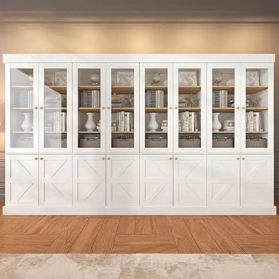 71" high rustic white farmhouse kitchen pantry cabinet with glass doors &amp; adjustable shelves
