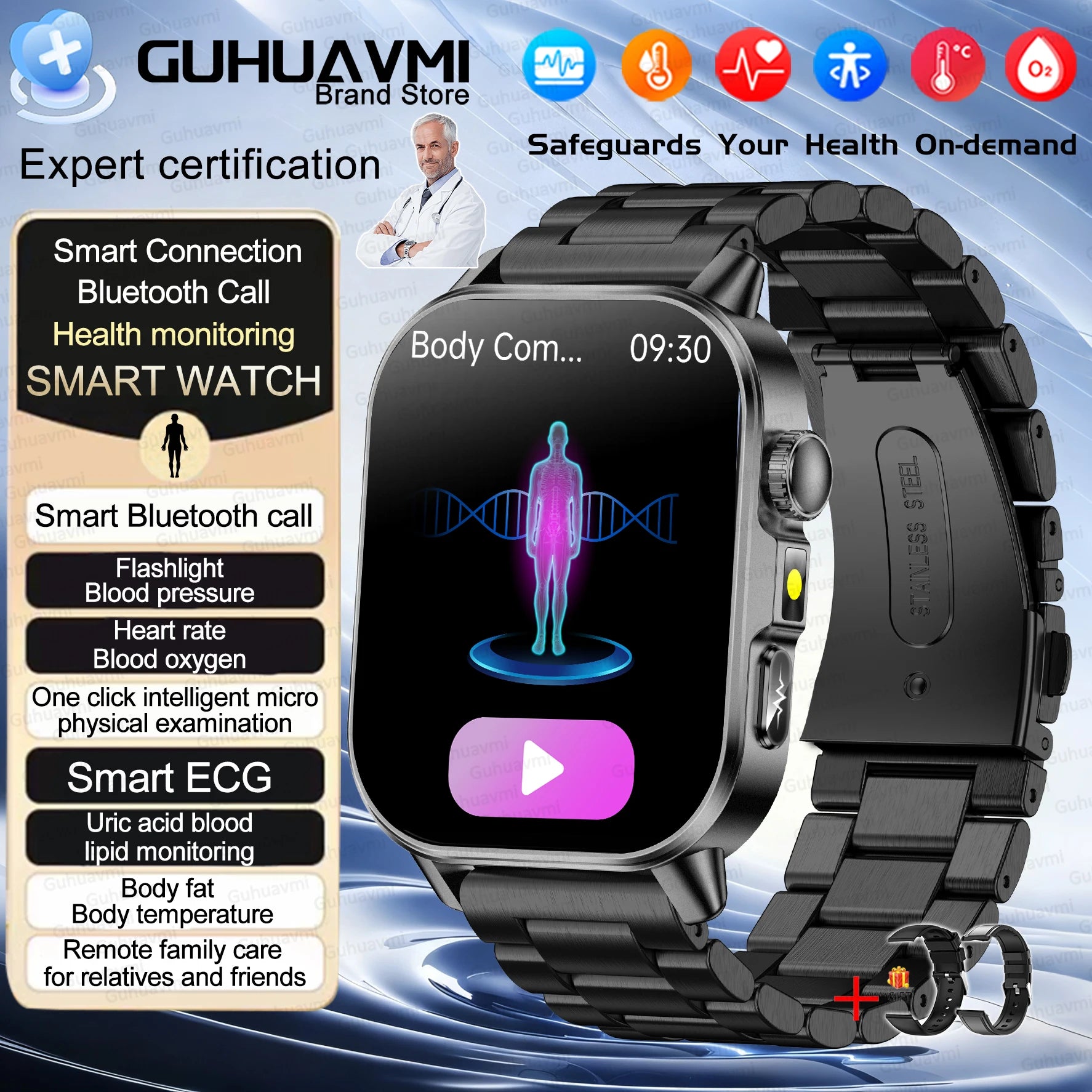 2026New ECG+PPG AI Health Diagnose Smart Watch Men Women Clock Blood Lipid BP Uric Acid Heart rate Tracker HD Call Smart Watch