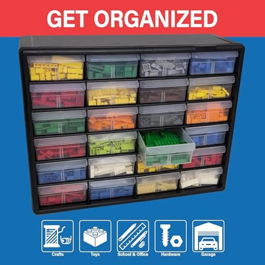 24-Drawer Plastic Storage Cabinet for Garage, Workshop, Home Organization - 20"W x 6"D x 16"H, Black