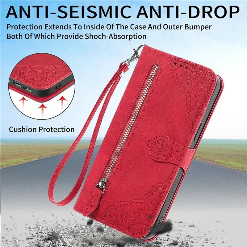 Lanyard Zipper Flip Wallet Card Cover For Samsung Galaxy S25 Edge S24 Ultra S23 Plus S22 S21 FE A17 Magnetic Leather Phone Case