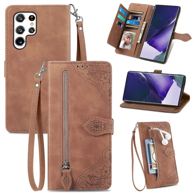 Lanyard Zipper Flip Wallet Card Cover For Samsung Galaxy S25 Edge S24 Ultra S23 Plus S22 S21 FE A17 Magnetic Leather Phone Case