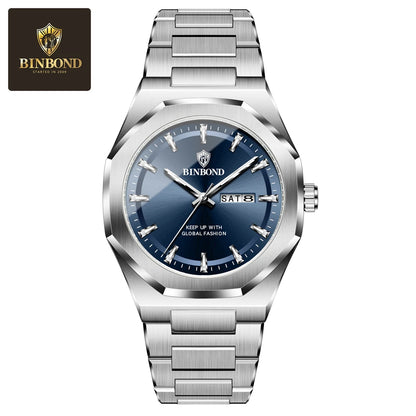BINBOND Luxury Quartz Man Wristwatch Sport Men Watches Waterproof Luminous Date Week Stainless Steel Men&