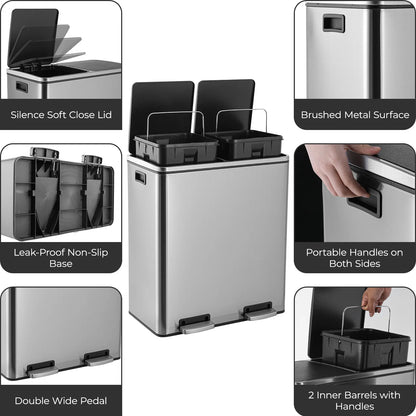 AOOU 16 Gallon Stainless Steel Trash Can, 60L Dual Compartment, Metal Kitchen Step Recycle Bin, Metal Double Dustbin, in-Home