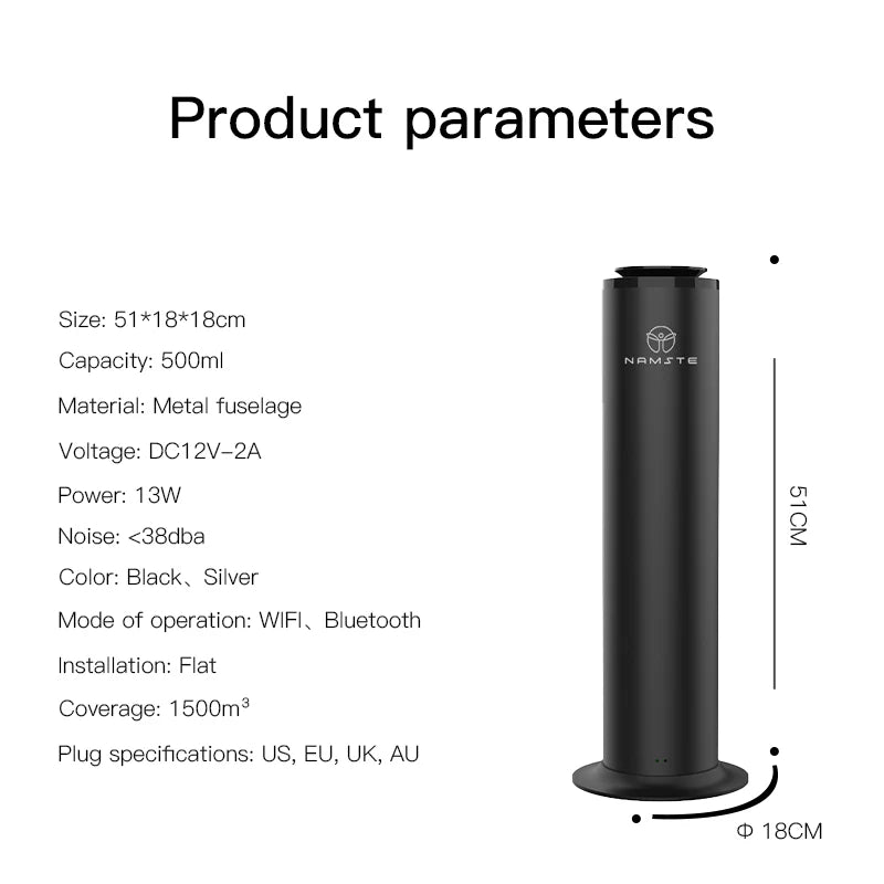 1500m³ Home Fragrance Perfume Oil Scent Diffuser Machine 500ML Air Freshener Metal Body Dorm Room Essentials WIFI Bluetooth APP