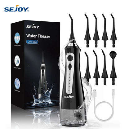 SEJOY Portable Electric Water Flosser Irrigator Dental Teeth Whitening strips 230ML Tank 5 Modes 5 Jet Tips For Home Travel